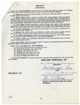 Three Stooges Employment Contract for ''The Outer Space Picture'', Dated March 1959 -- Signed Moe Howard, Larry Fine & Joe DeRita -- 28pp. Contract Measures 8.5'' x 11'' -- Very Good to Near Fine